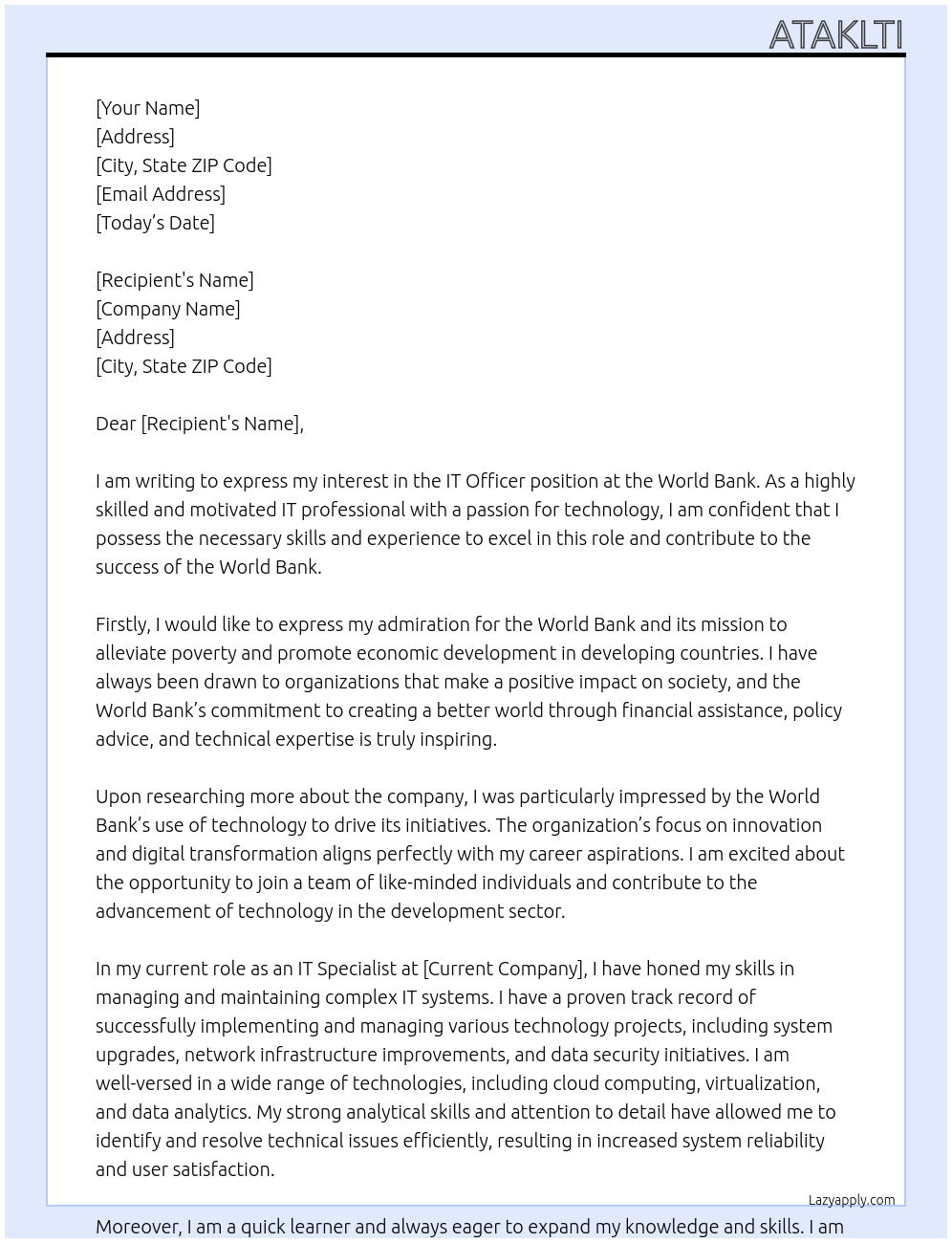 IT officer At world bank Cover Letter