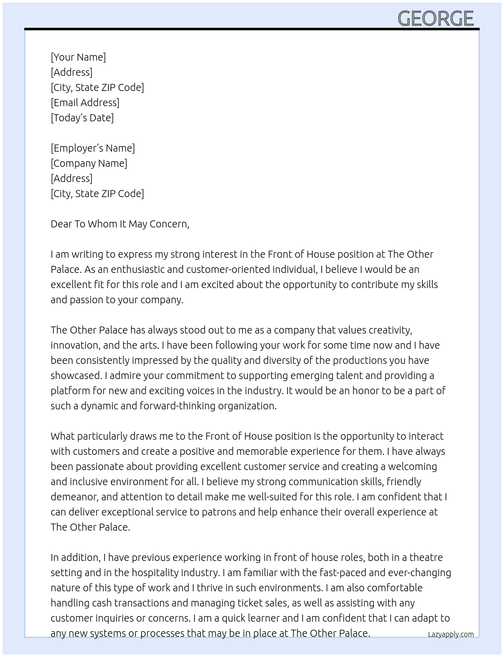 Front of House At The Other Palace Cover Letter