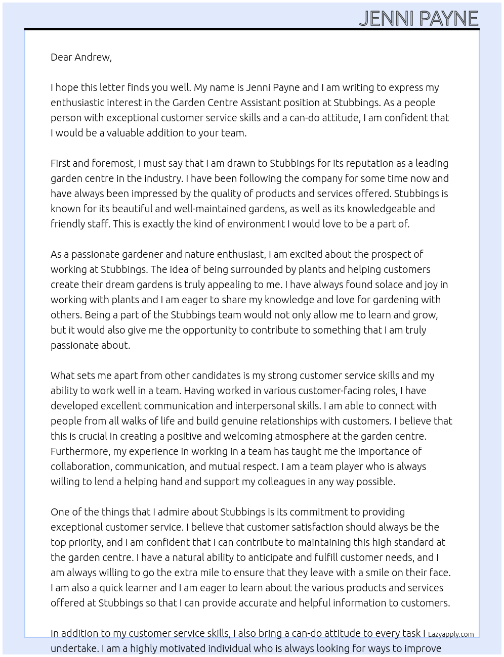 Garden Centre Assistant  At Stubbings Cover Letter