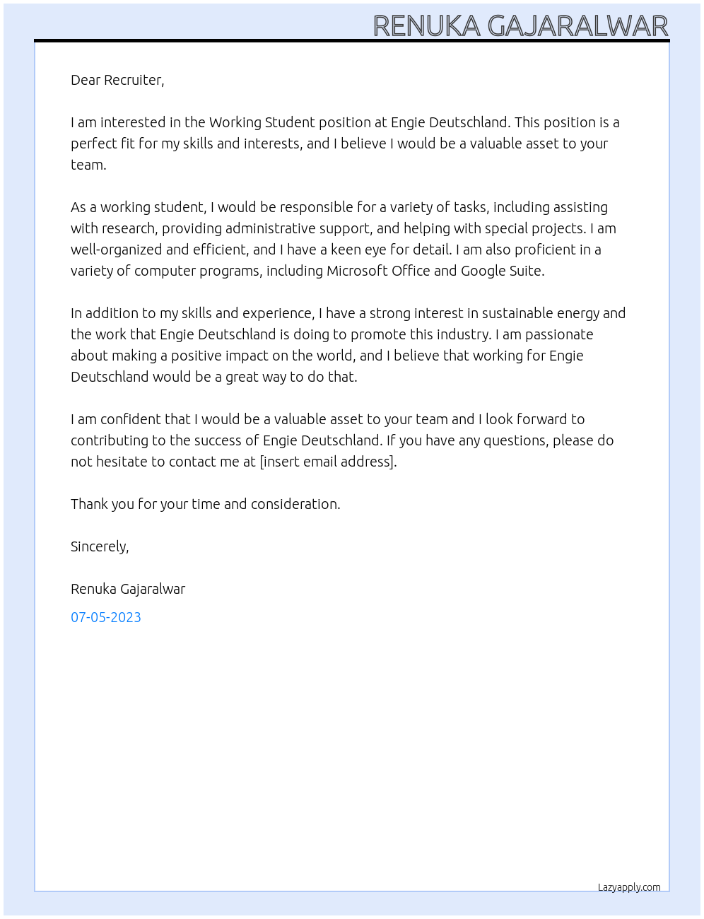 Working STudent At Engie Deutschland  Cover Letter