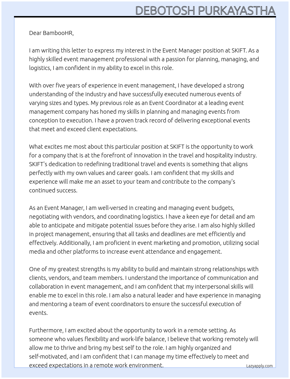 Event Manager At SKIFT Cover Letter