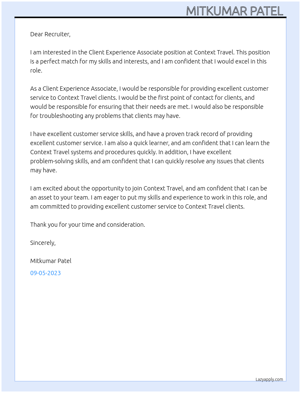 Client Experience Associate  At context travel Cover Letter