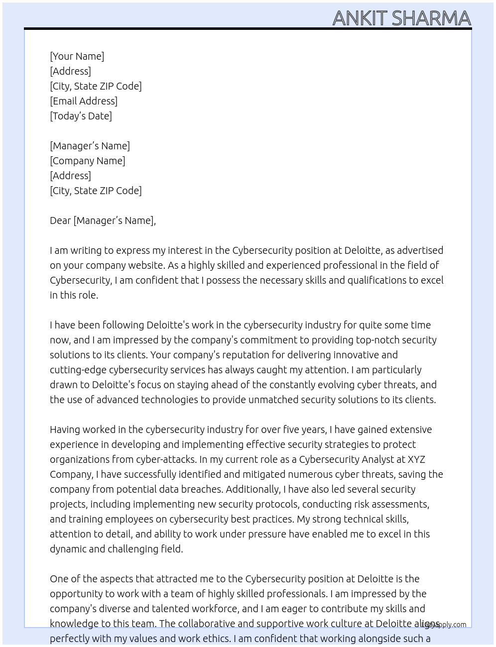 Cybersecurity  At Deloitte Cover Letter