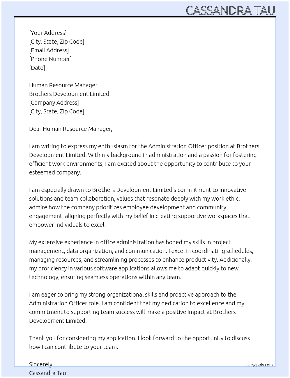 Administration Officer At Brothers Development Limited Cover Letter