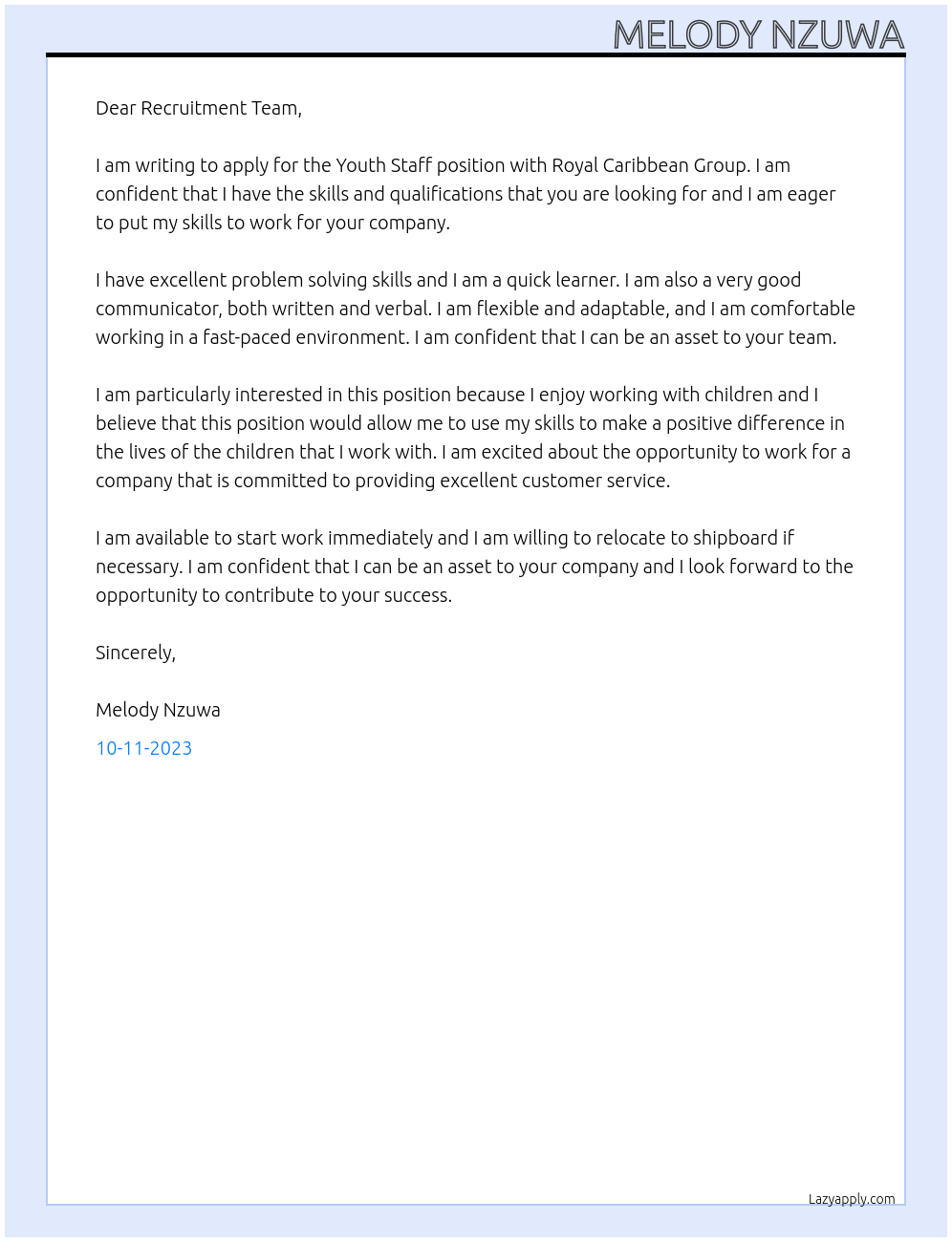 Youth staff At Royal Caribbean Group Cover Letter