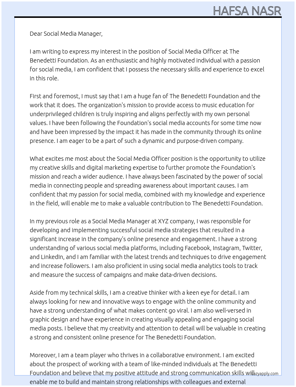Social Media Officer At The Benedetti Foundation Cover Letter