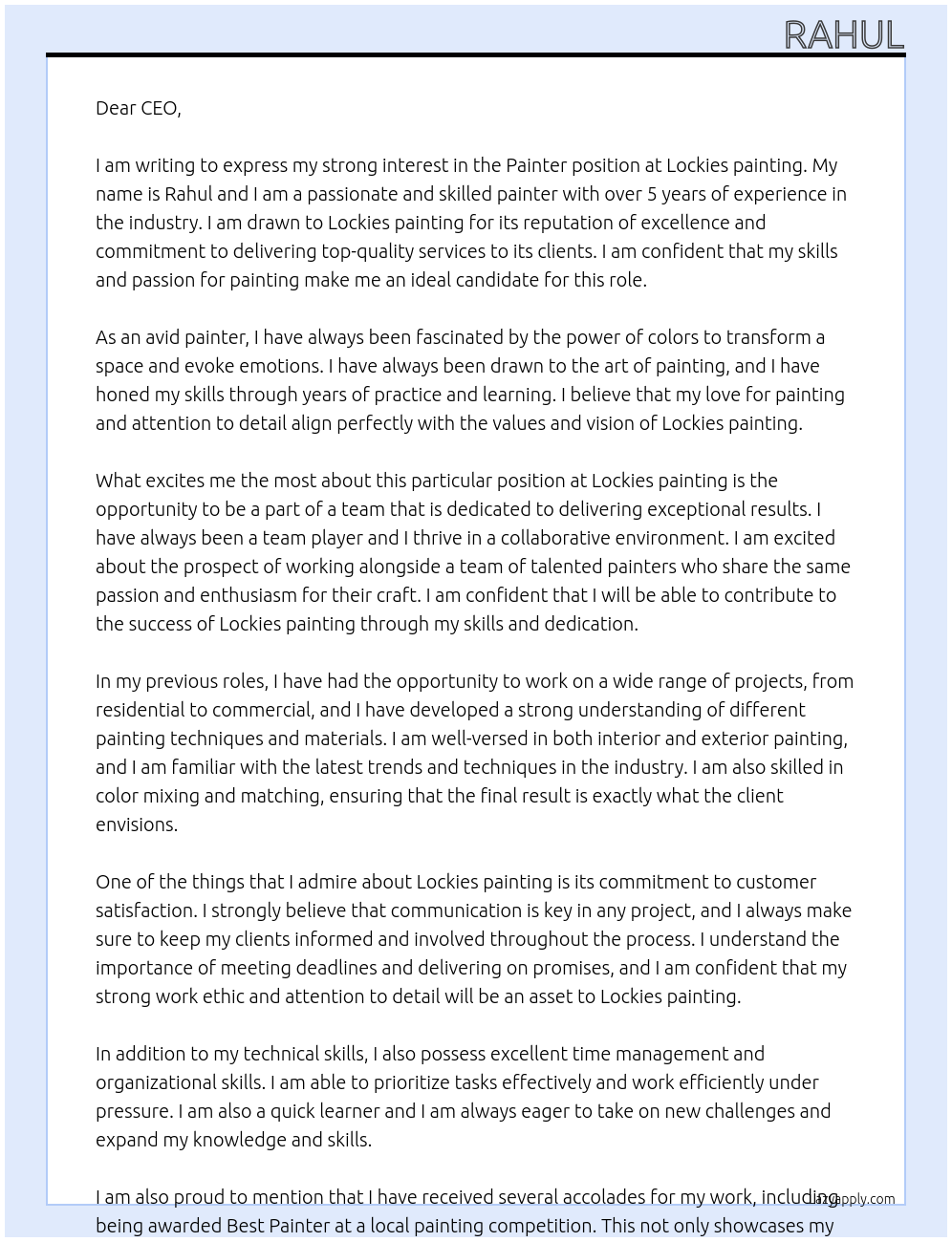 Painter At Lockies painting Cover Letter