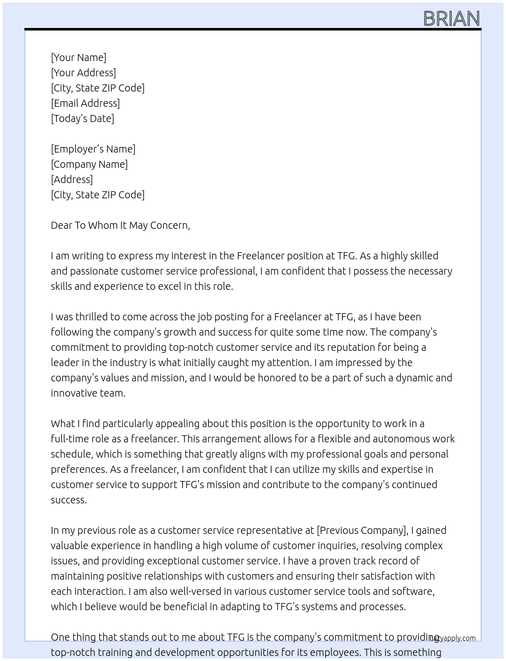 FREELANCER At TFG Cover Letter