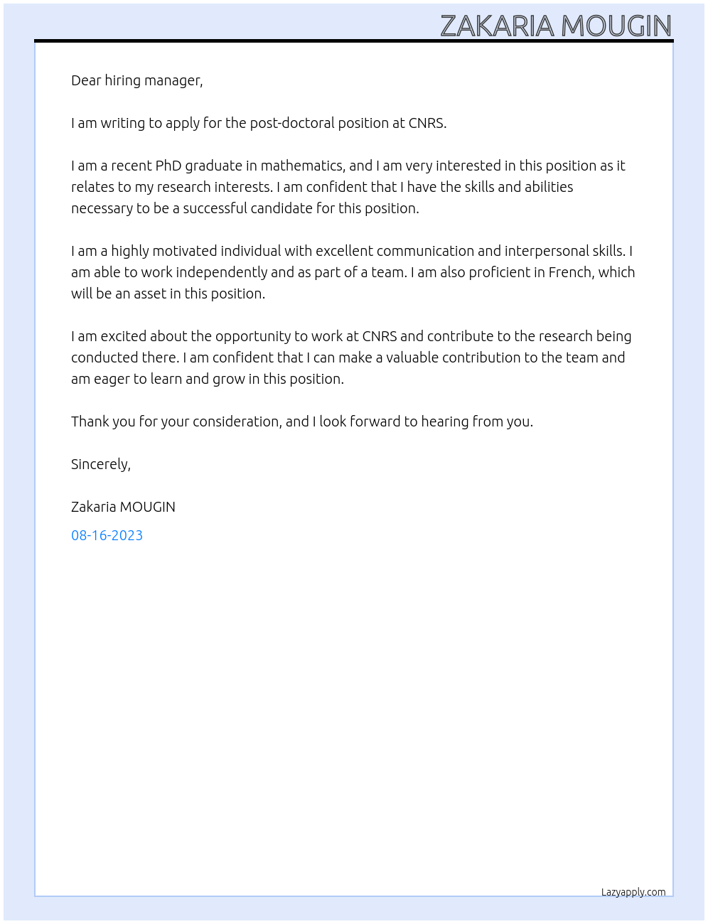 Post-doctoral position At CNRS Cover Letter