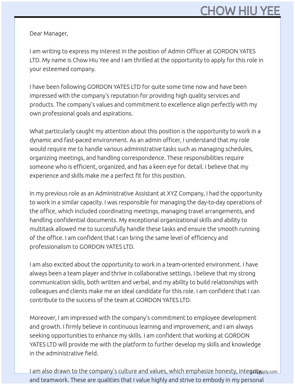 Admin Officer At GORDON YATES LTD Cover Letter