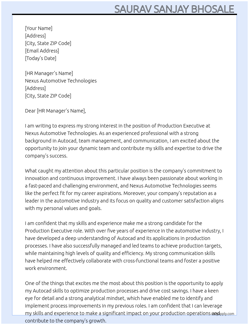 Production executive At Nexus Automotive Technologies Cover Letter