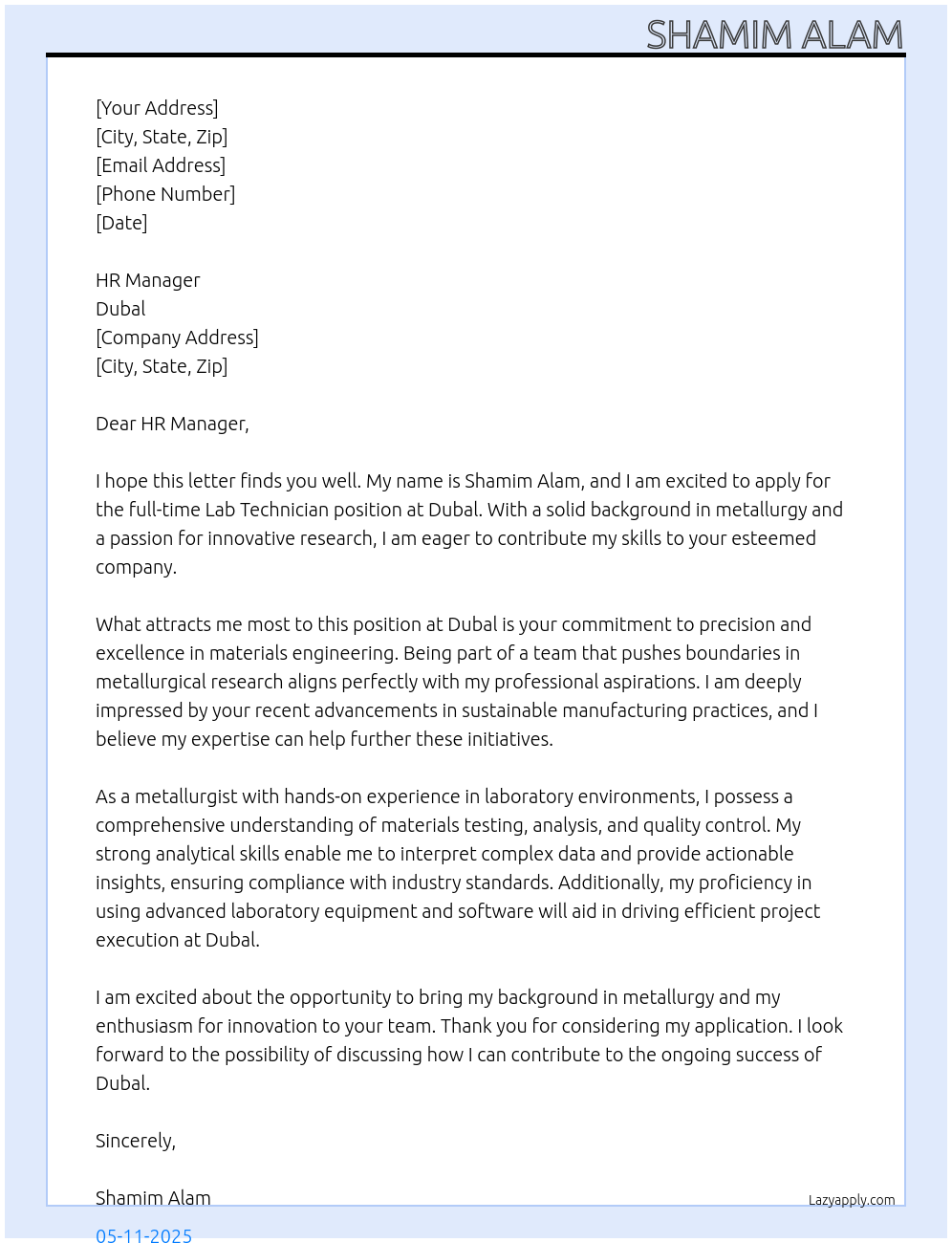 Lab technician At Dubal Cover Letter