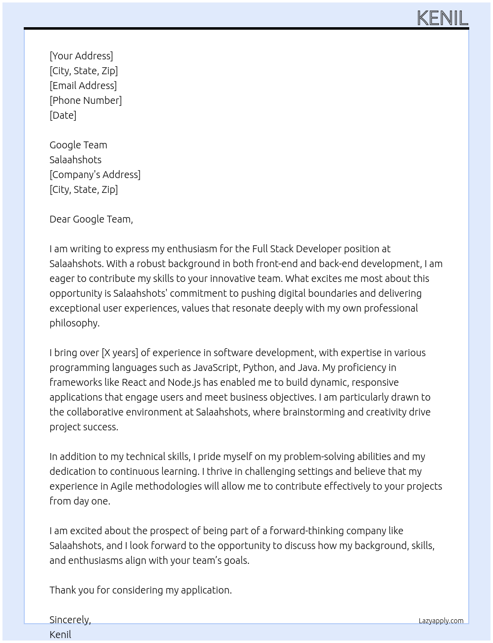 Full Stack Developer At Salaahshots Cover Letter
