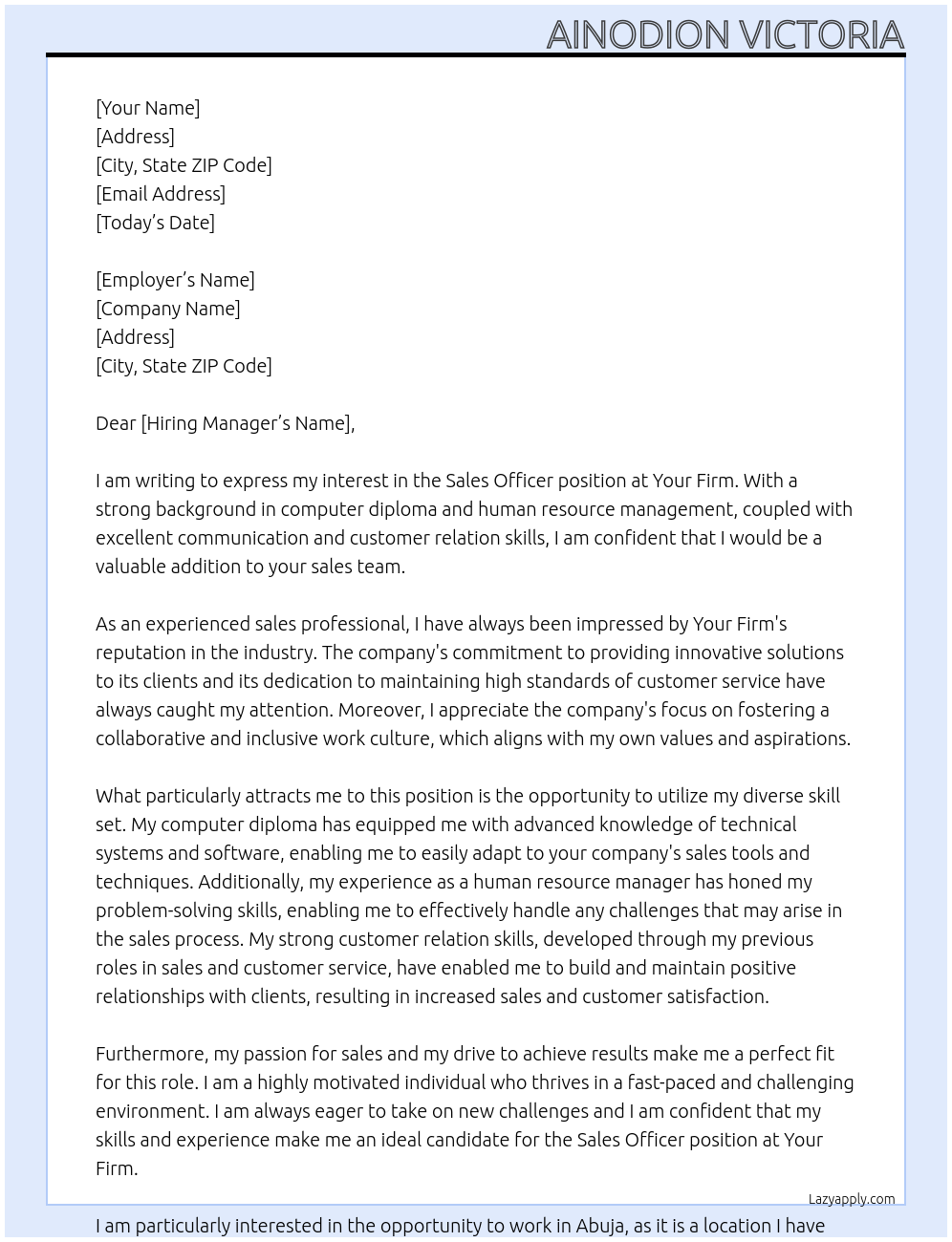 Sales officer At Your firm Cover Letter