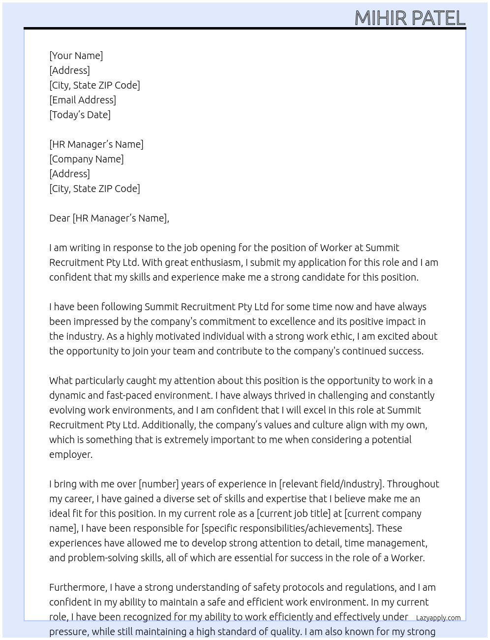 Worker At Summit Recruitment Pty Ltd Cover Letter