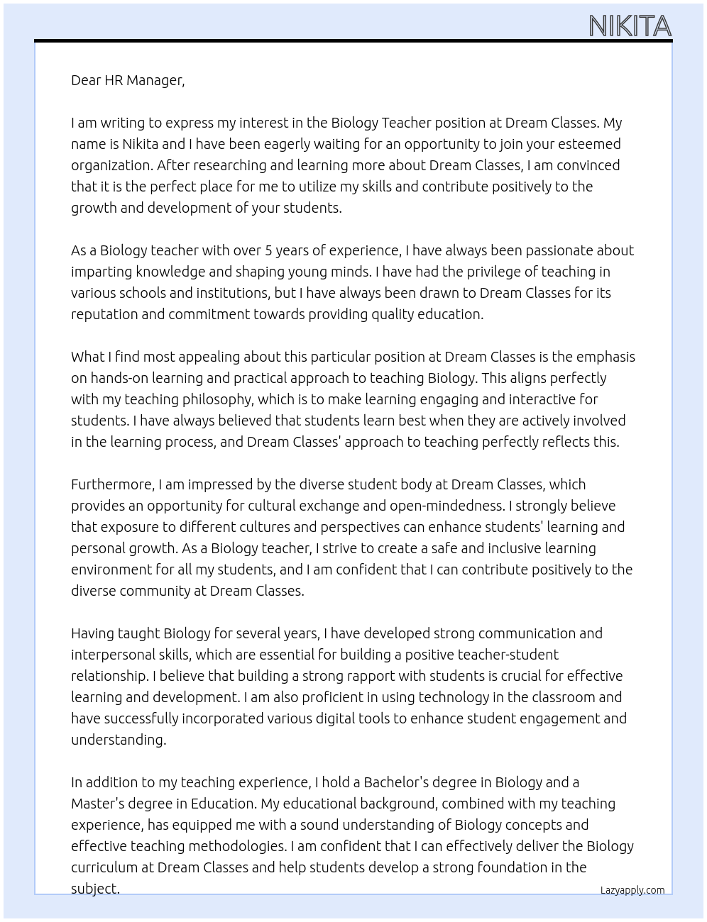 Biology Teacher  At Dream classes Cover Letter