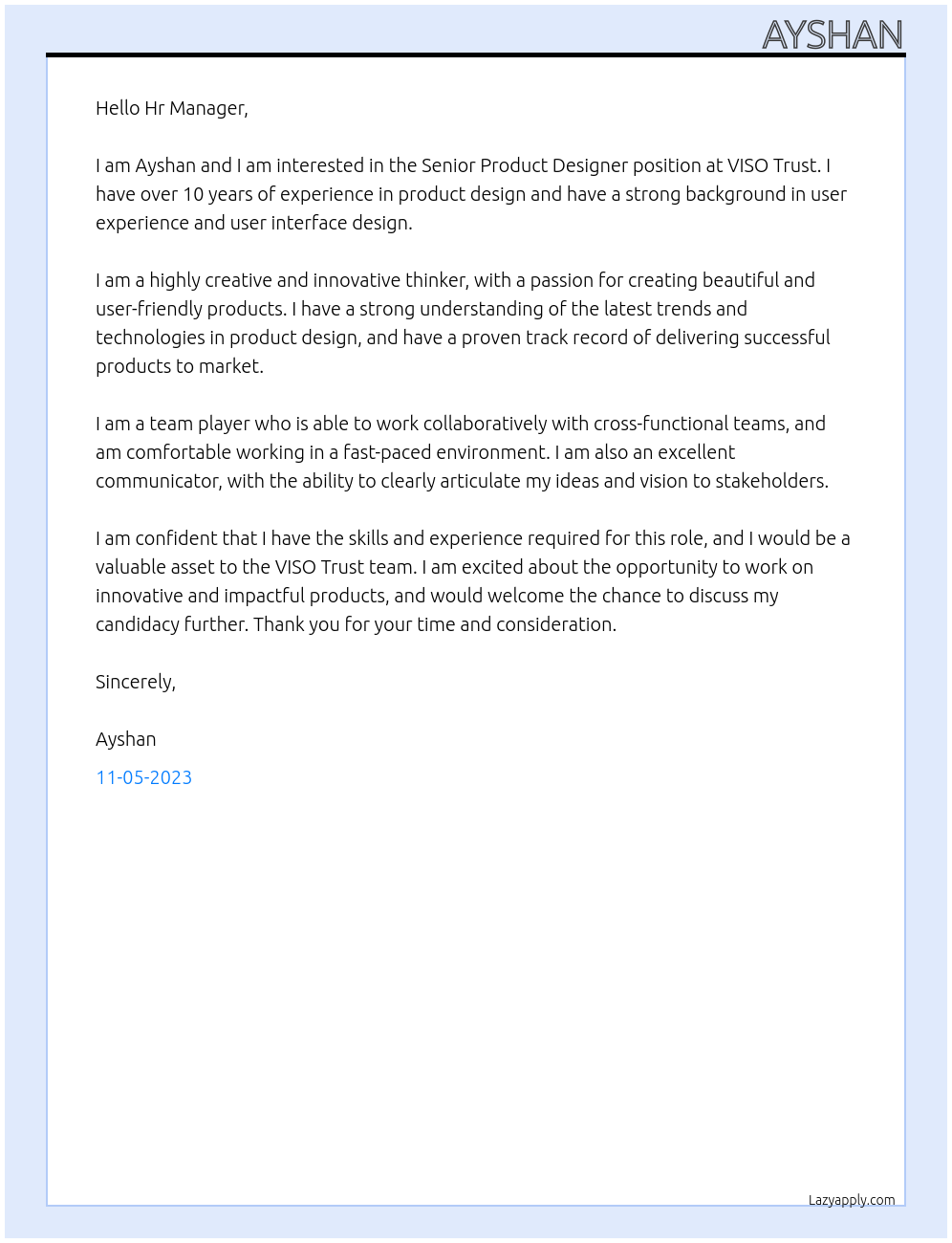 Senior Product Designer At VISO Trust Cover Letter