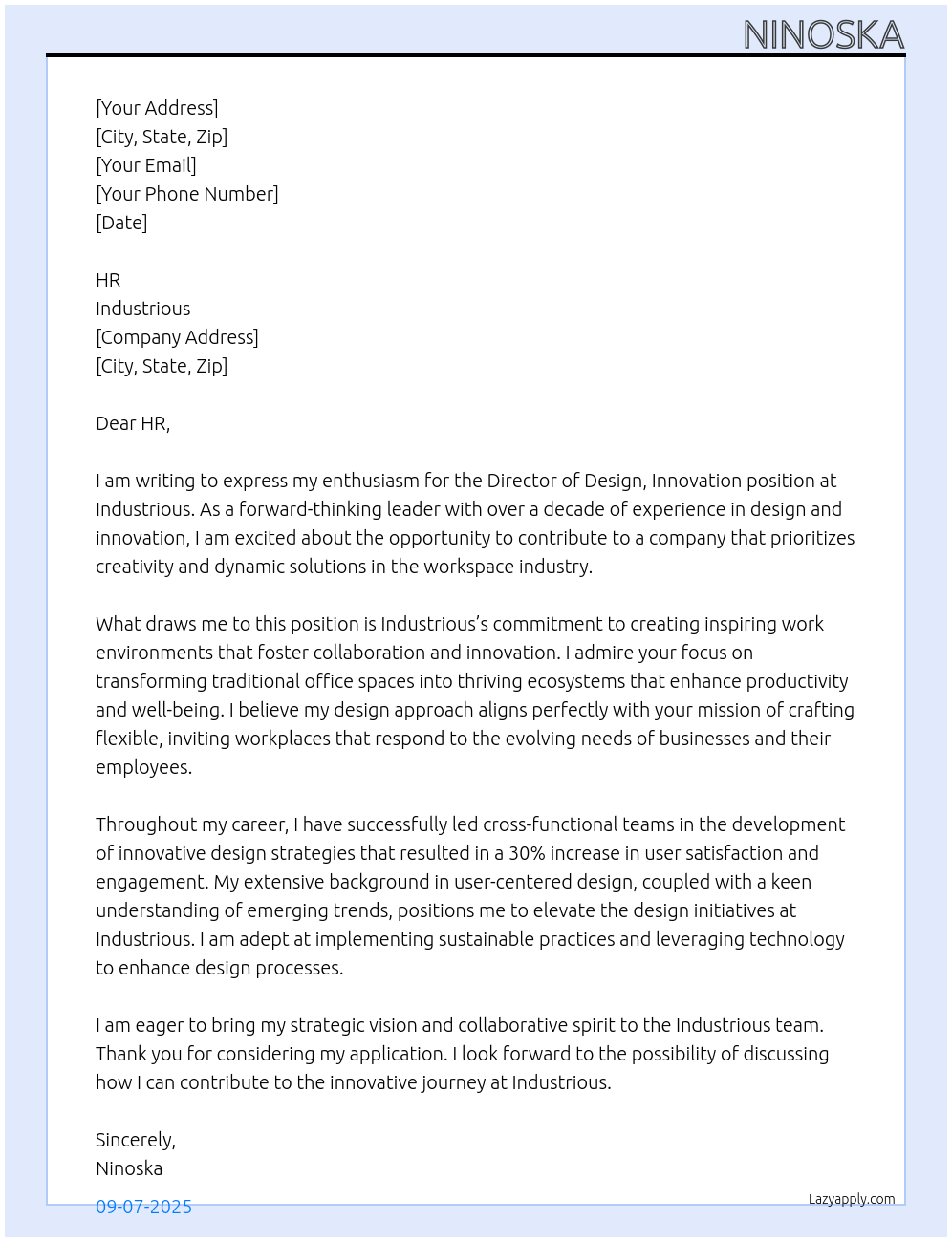 Director of Design, Innovation At Industrious Cover Letter