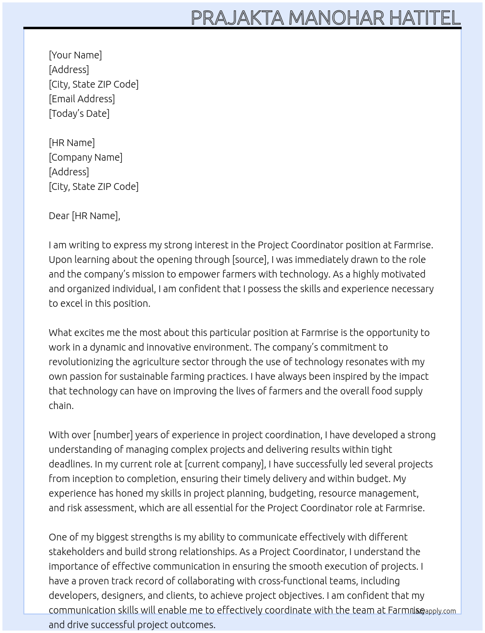 Project Coordinator At Farmrise Cover Letter