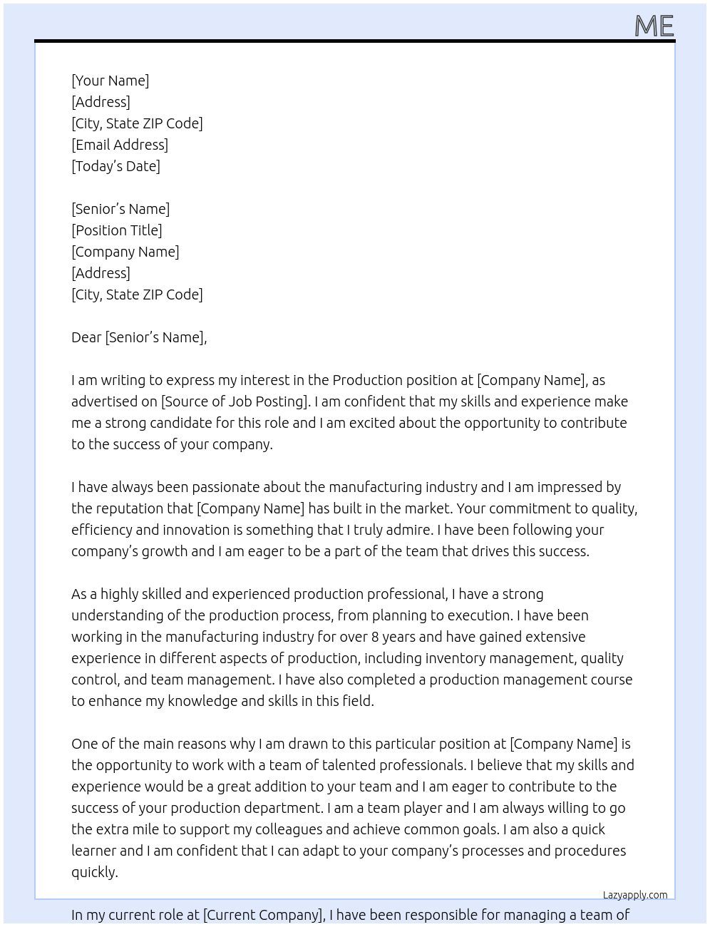 production At factory Cover Letter