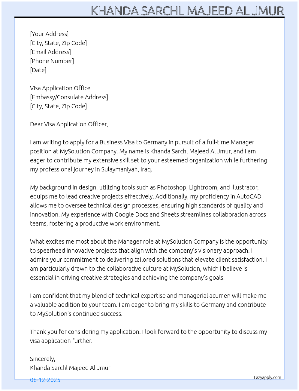 Manager  At MySolution Company  Cover Letter