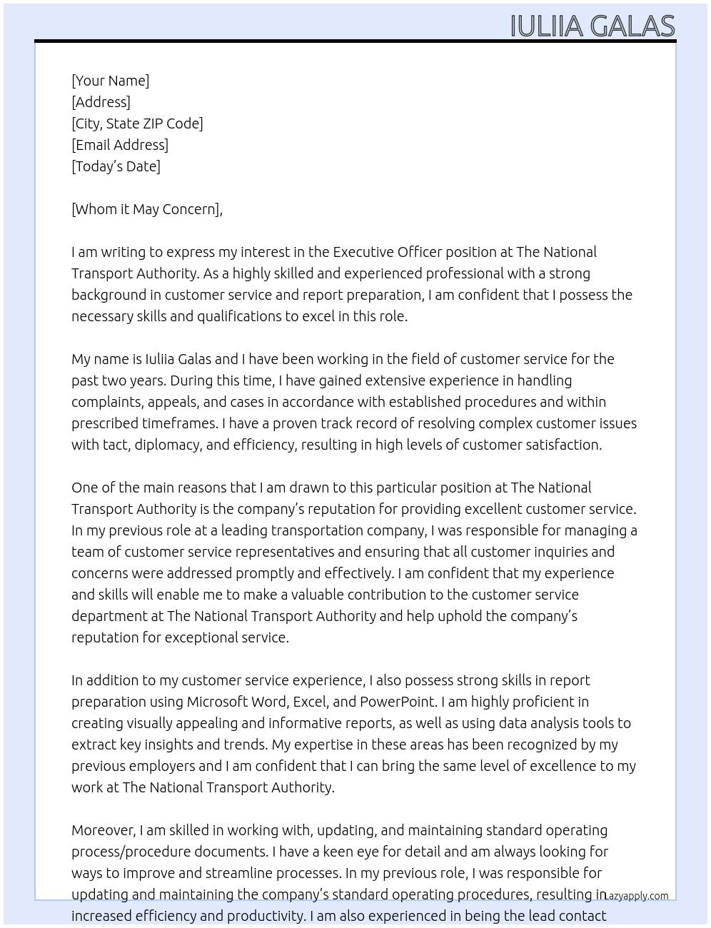 Executive Officer At The National Transport Authority Cover Letter