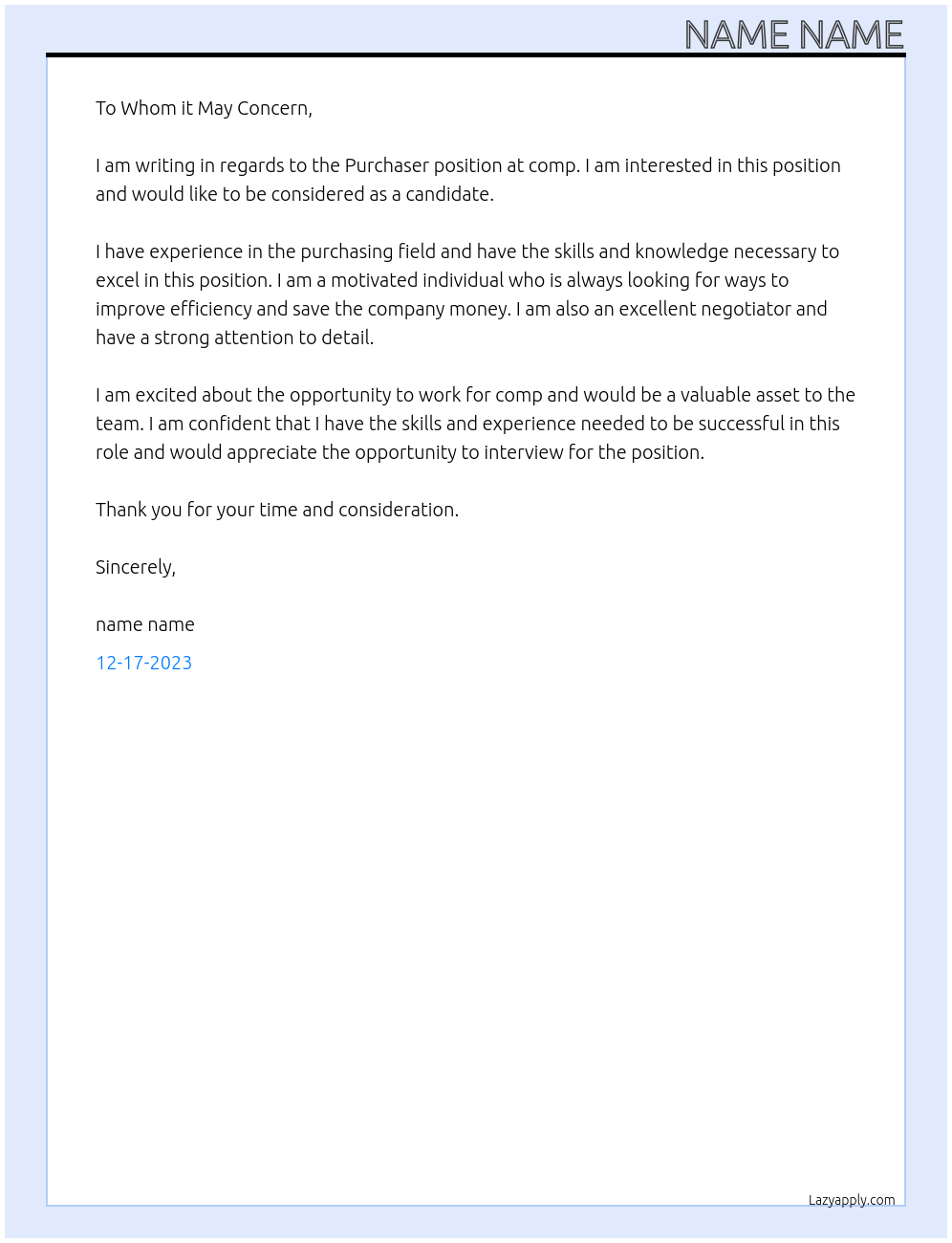 Purchaser At comp Cover Letter