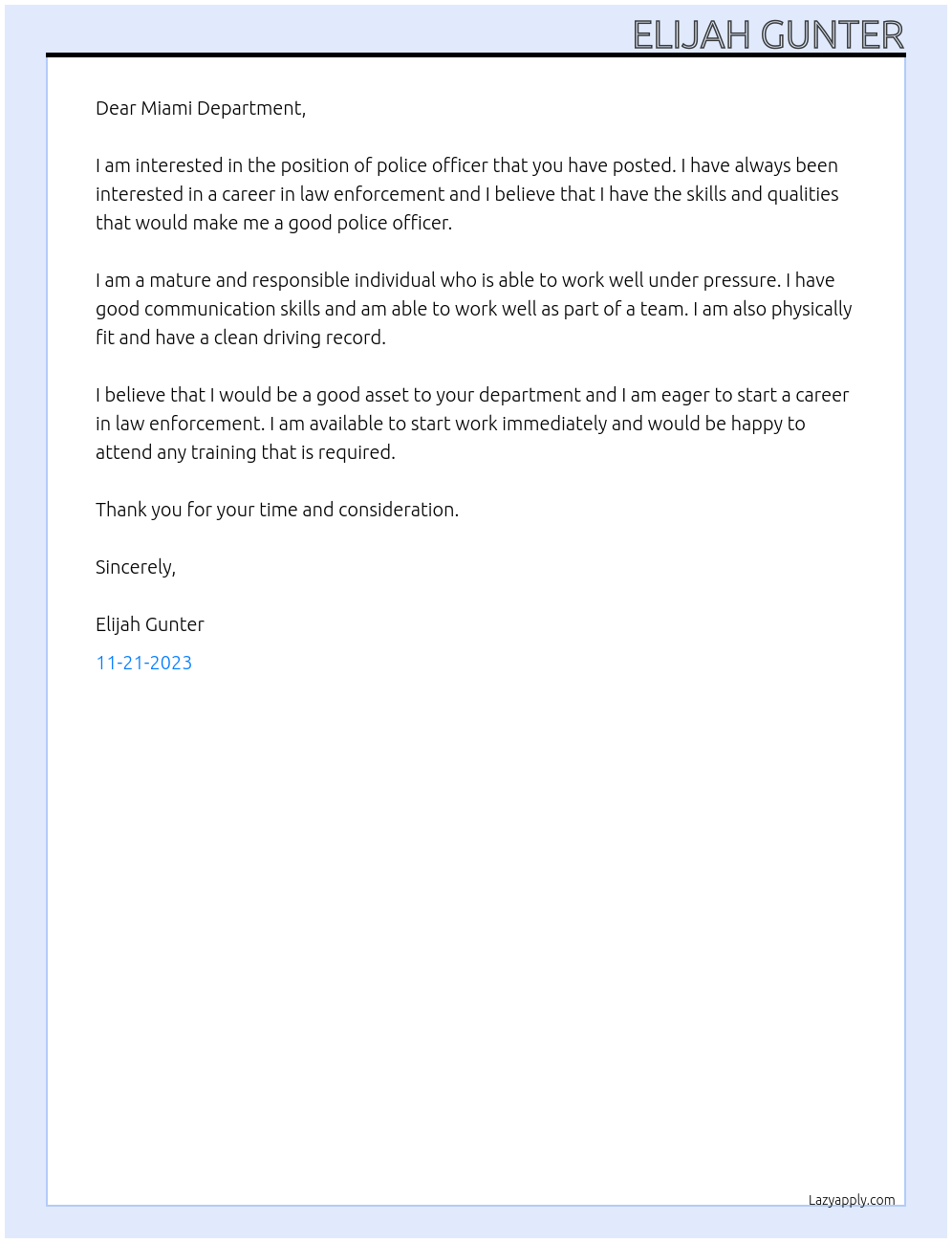 Police Officer At Miami Department Cover Letter