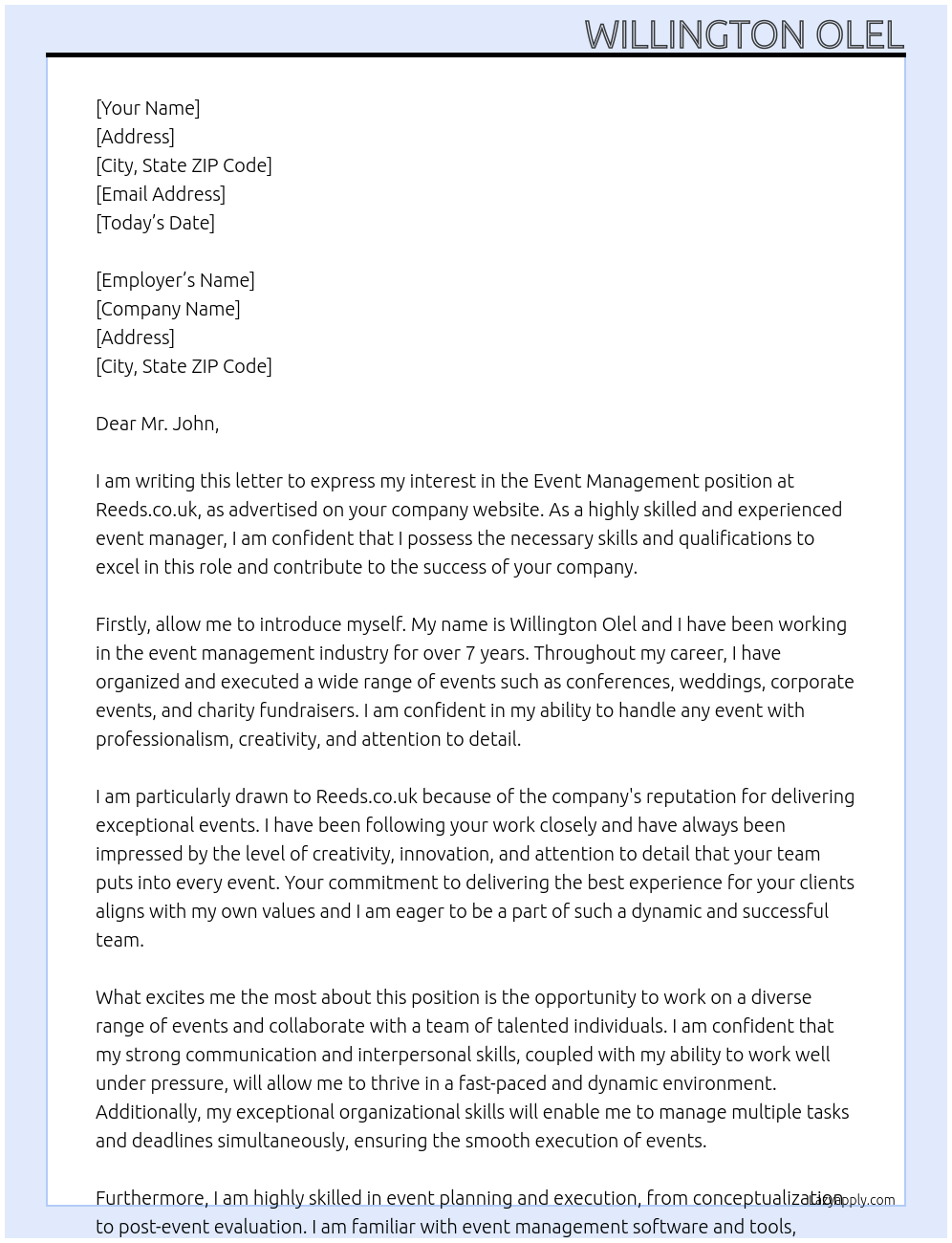 event management At reeds.co.uk Cover Letter