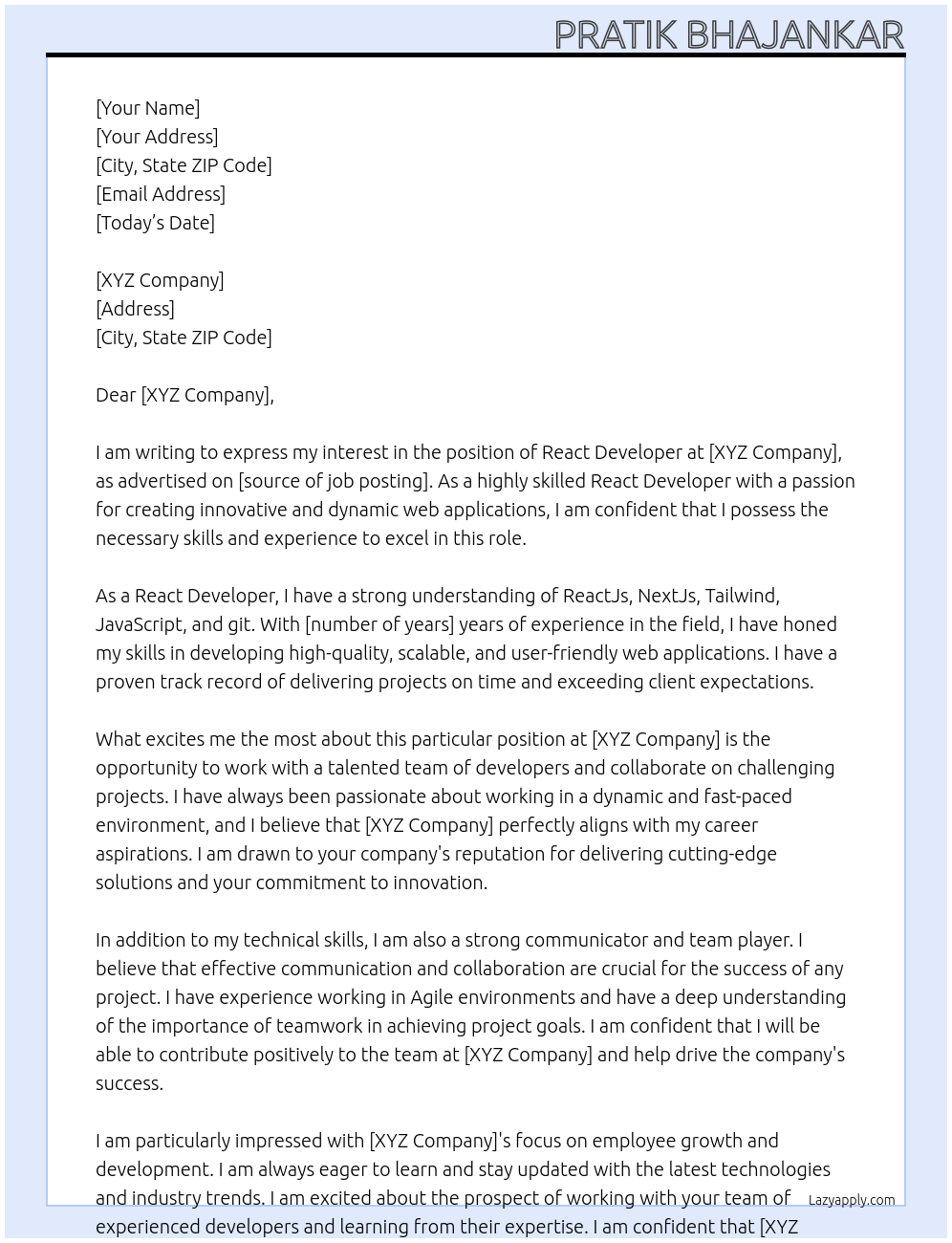 React Developer At xyz Cover Letter