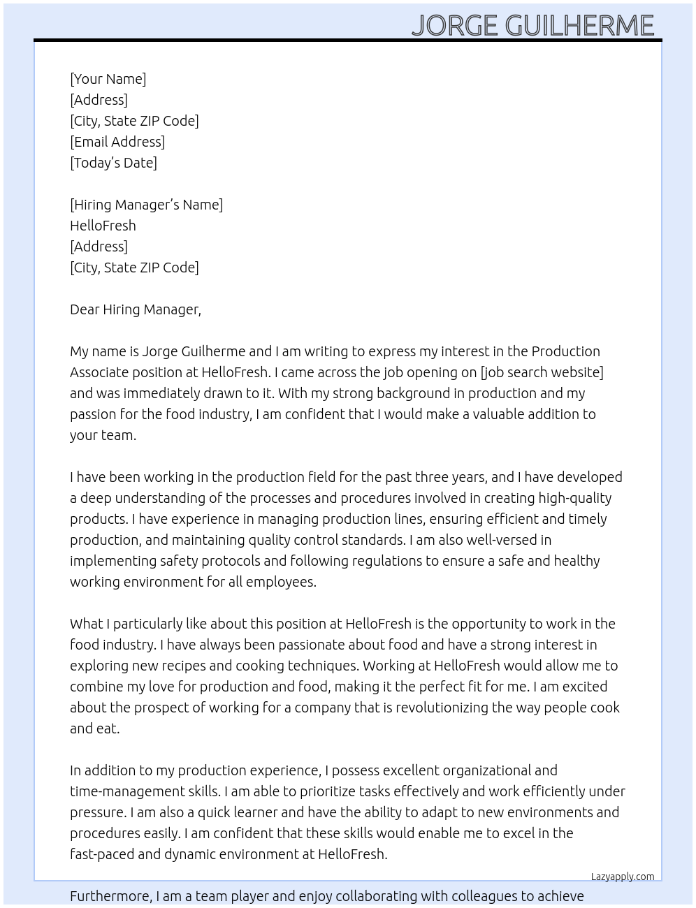 Production Associate At HelloFresh Cover Letter