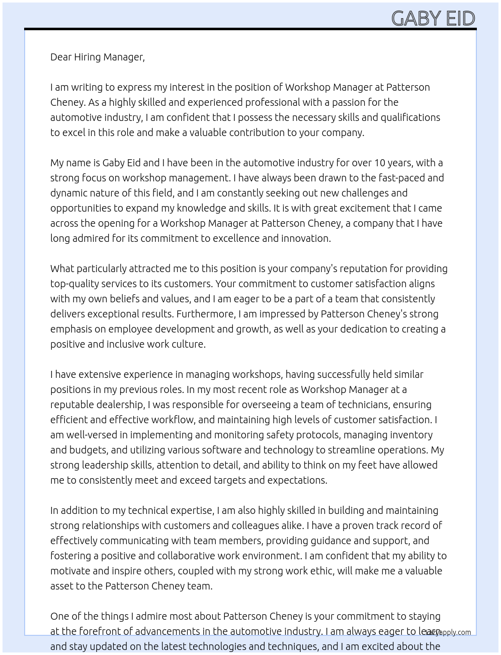 workshop manager At Patterson Cheney Cover Letter