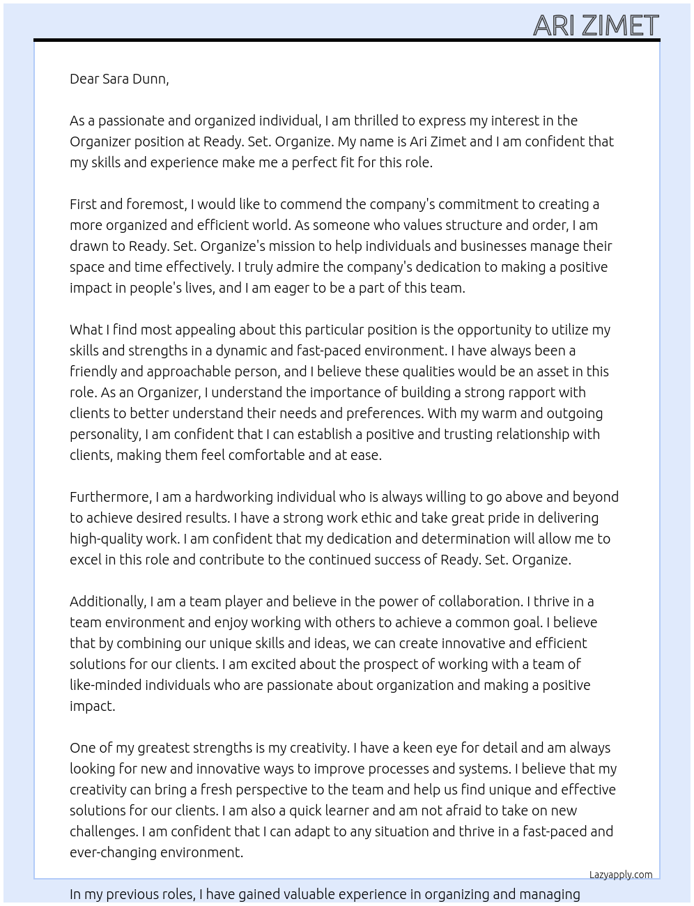 Organizer At Ready. Set. Organize Cover Letter