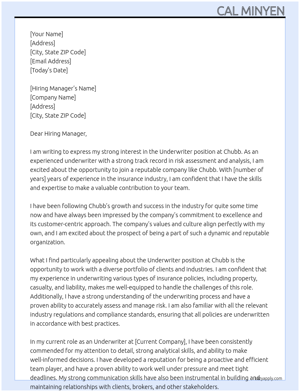 Underwriter At Chubb Cover Letter