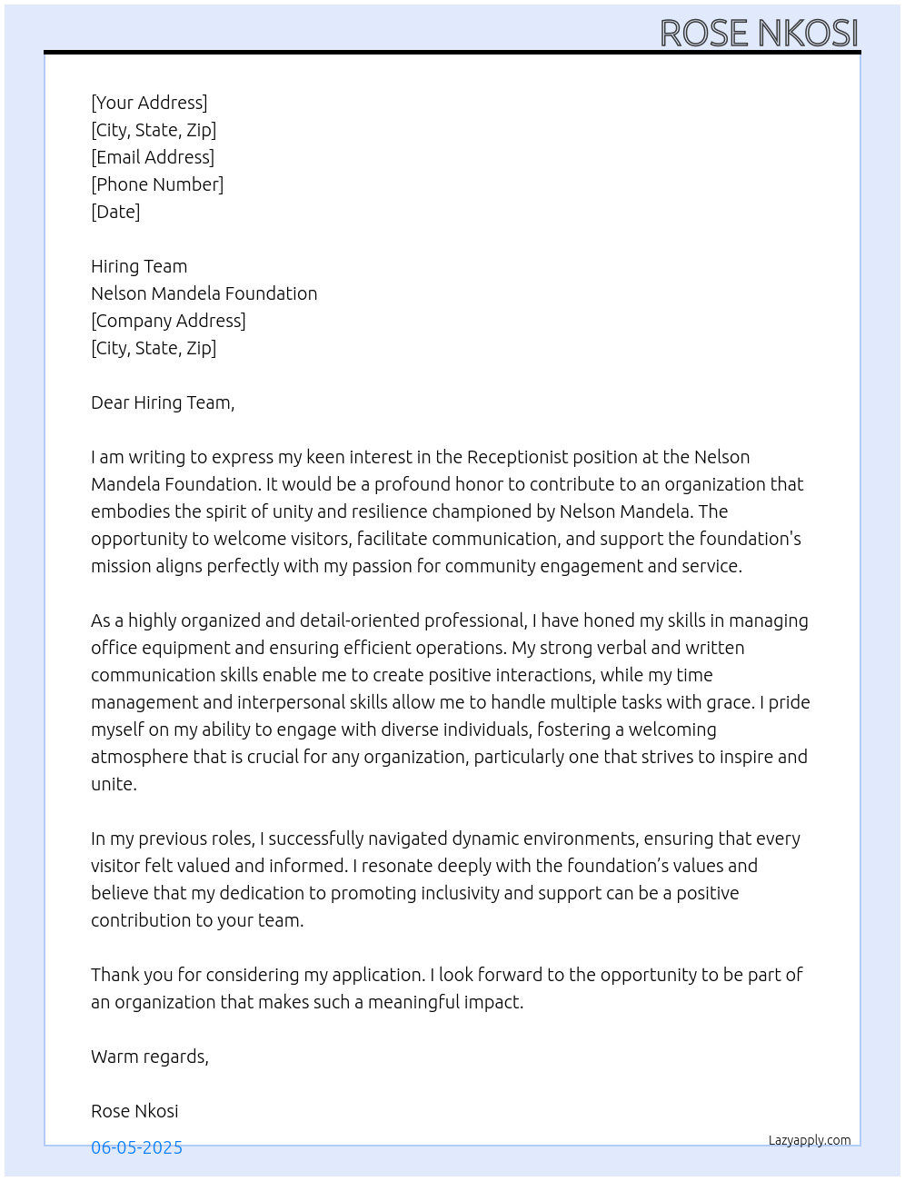 Receptionist At Nelson Mandela foundation Cover Letter