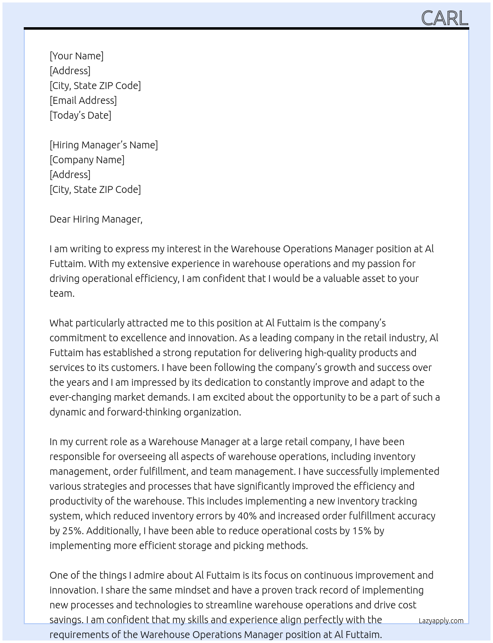 Warehouse Operations Manager At Al Futtaim Cover Letter