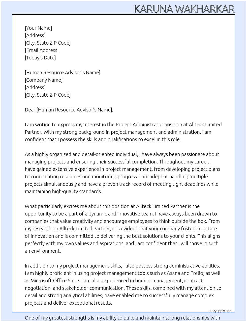 Project Administrator At Allteck Limited Partner Cover Letter