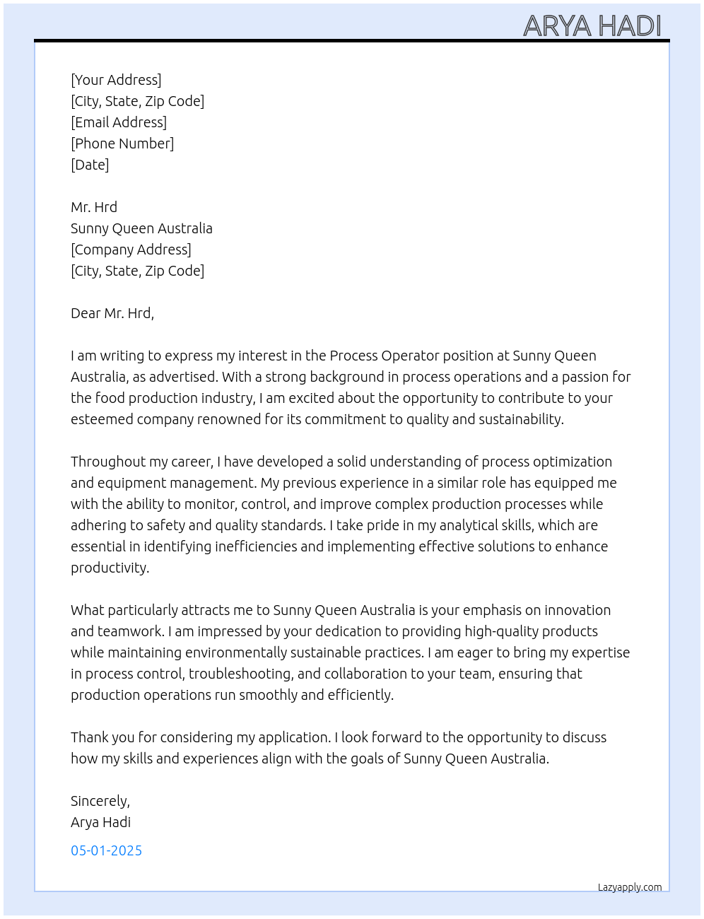 Cover letter for process operator - LazyApply