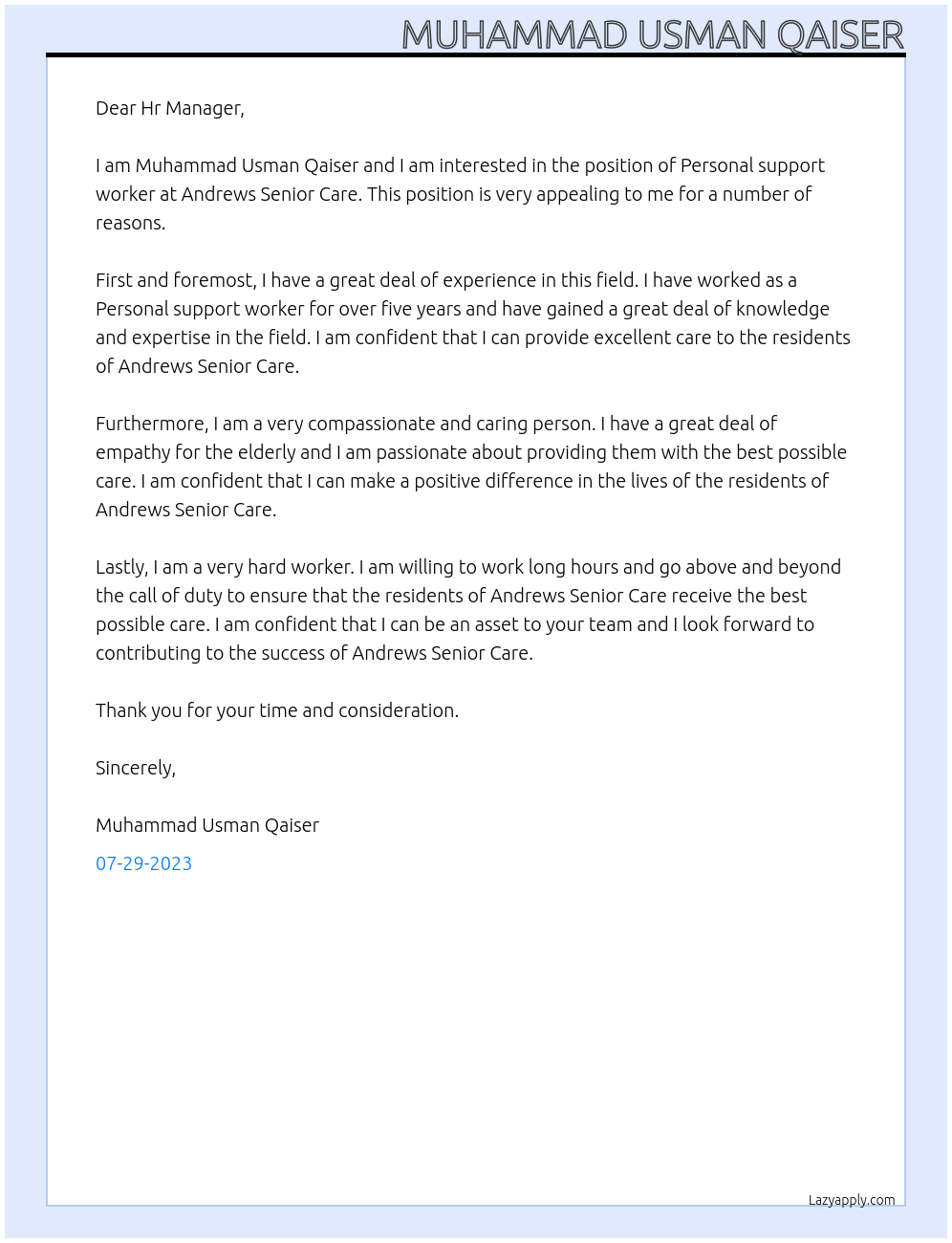 Personal support worker  At Andrews Senior Care  Cover Letter