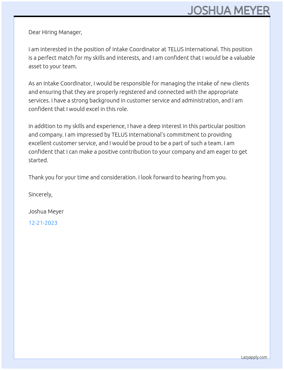 Intake Coordinator At TELUS International Cover Letter