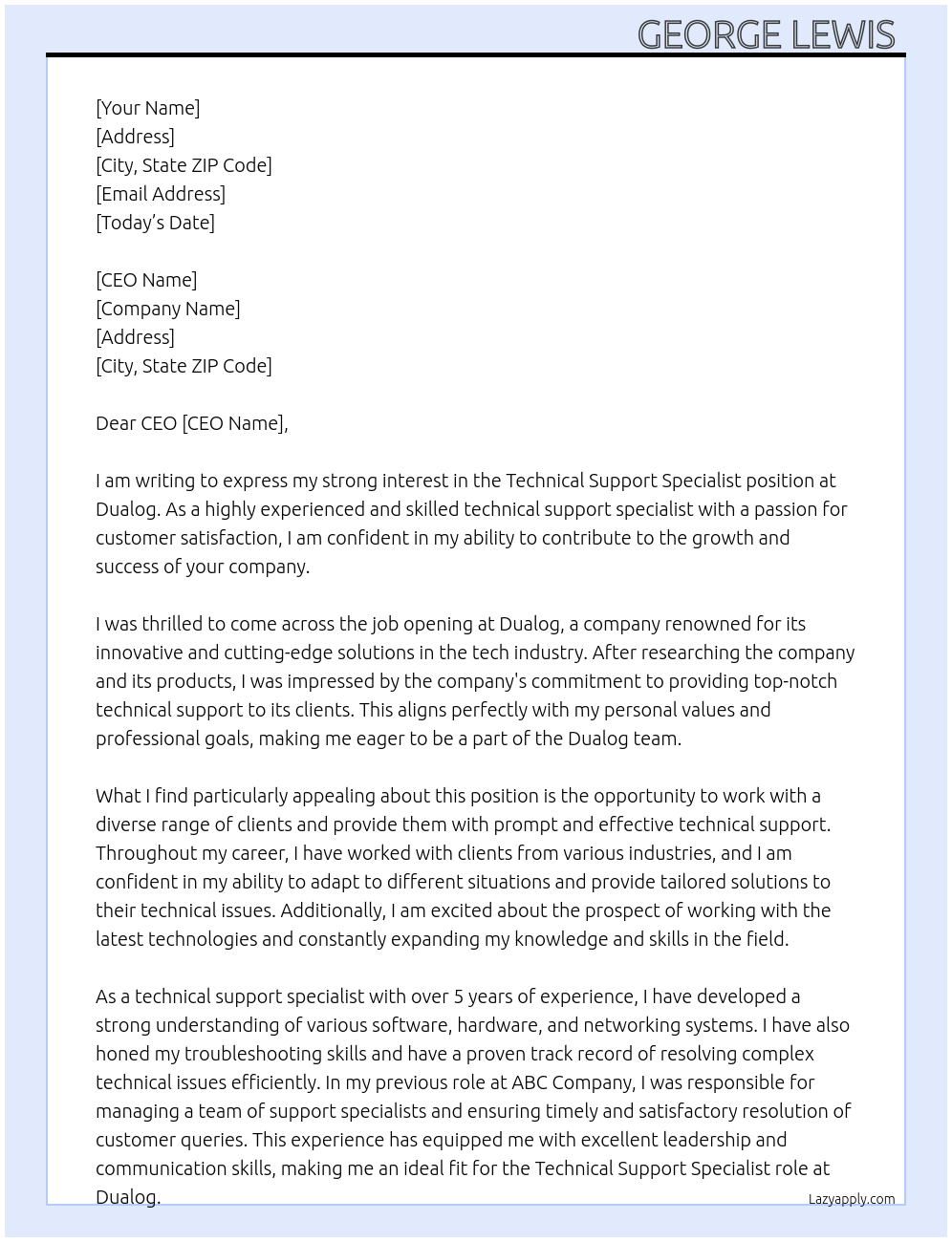 Technical support specialist At Dualog Cover Letter