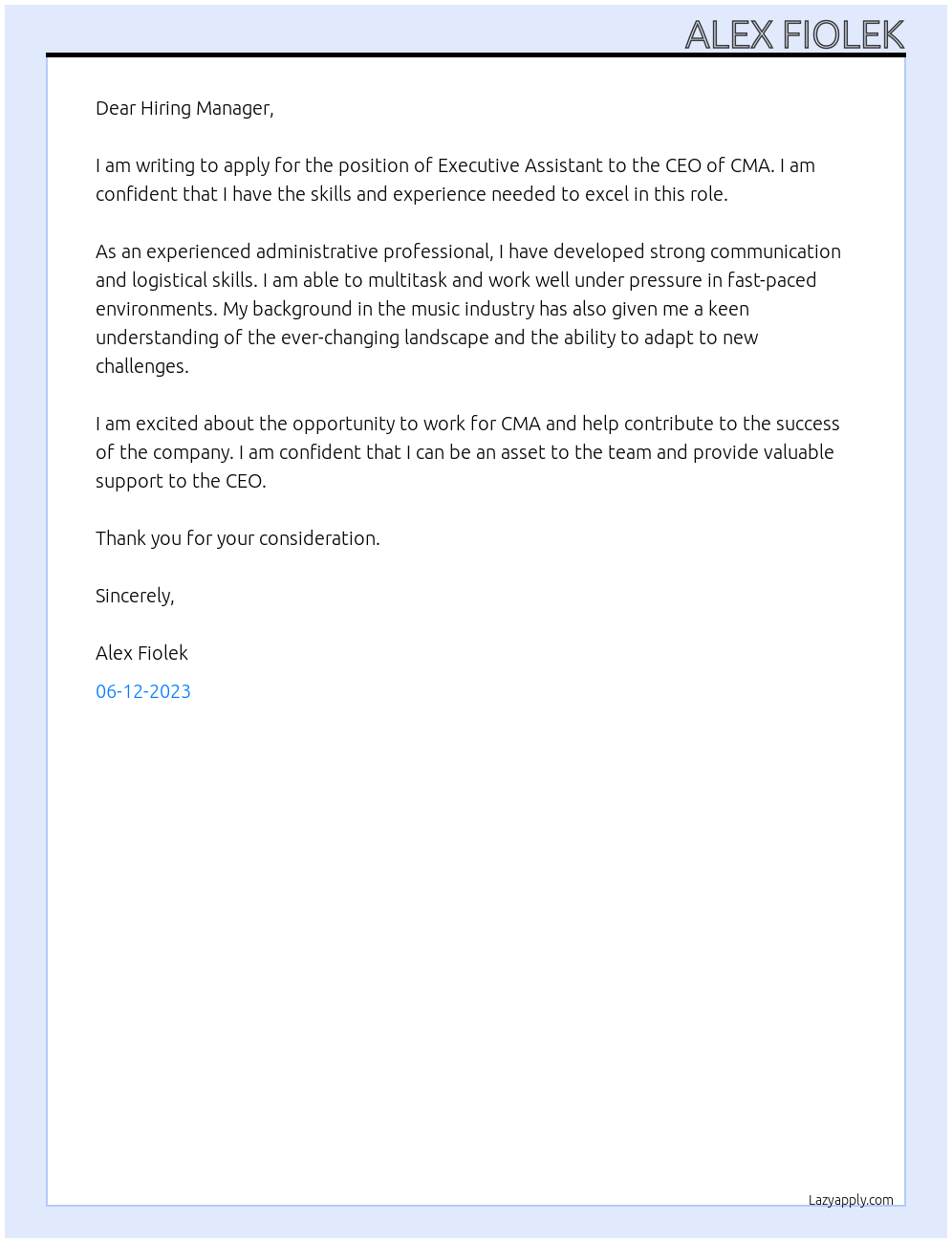 Executive Assistant to CEO At CMA Cover Letter