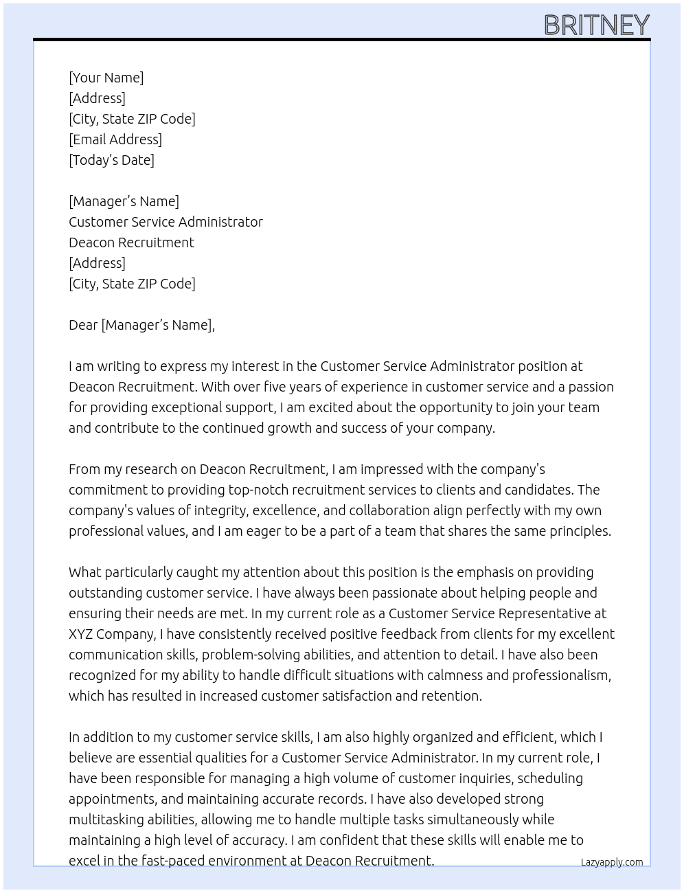 Customer Service administrator At Deacon Recruitment Cover Letter