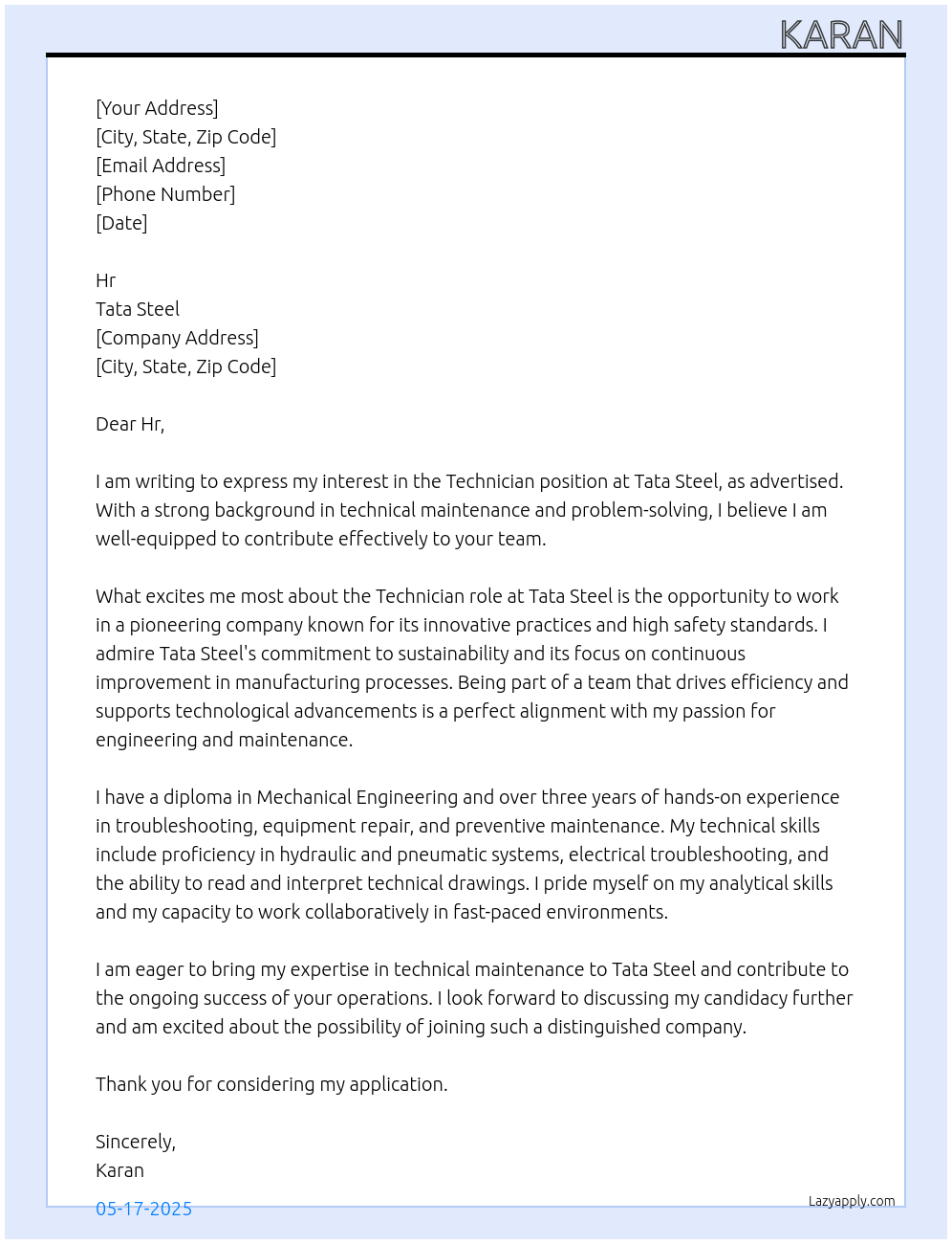 TECHNICIAN At Tata steel Cover Letter