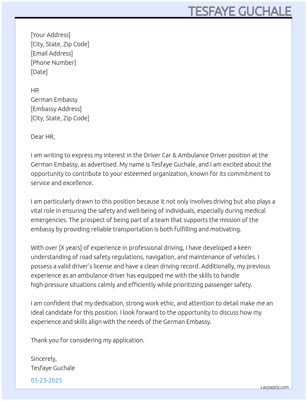 Driver Car & Ambulance Driver At German Embassy Cover Letter