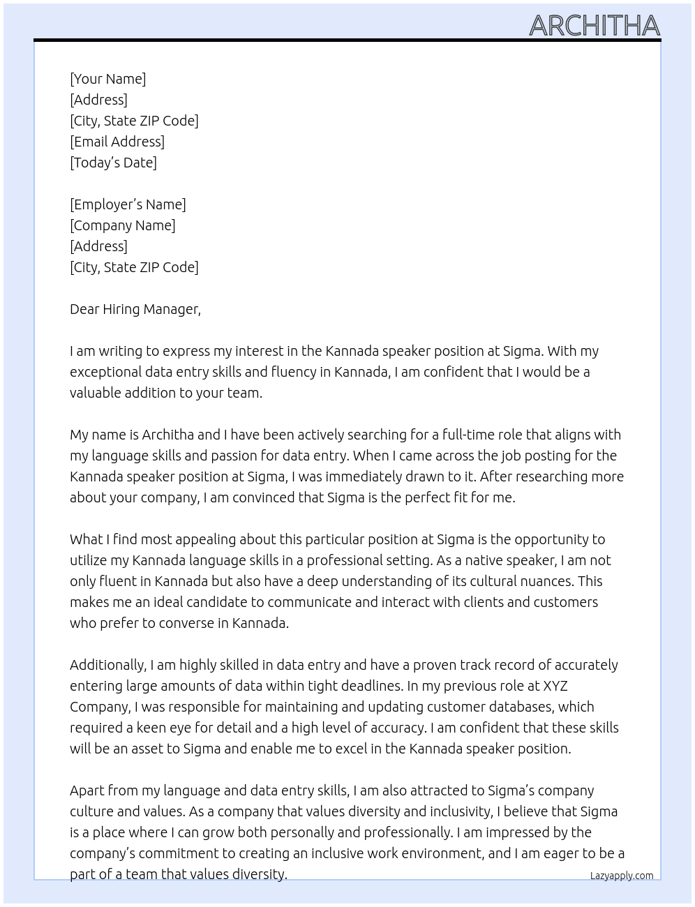 Kannada speaker At Sigma  Cover Letter