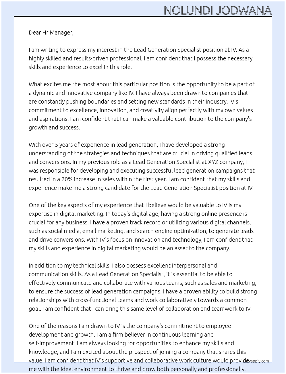 Lead Generation Specialist At IV Cover Letter