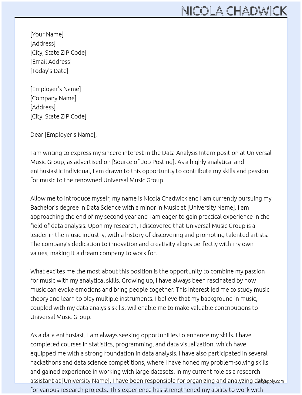 Data Analysis Intern At Universal Music Group Cover Letter