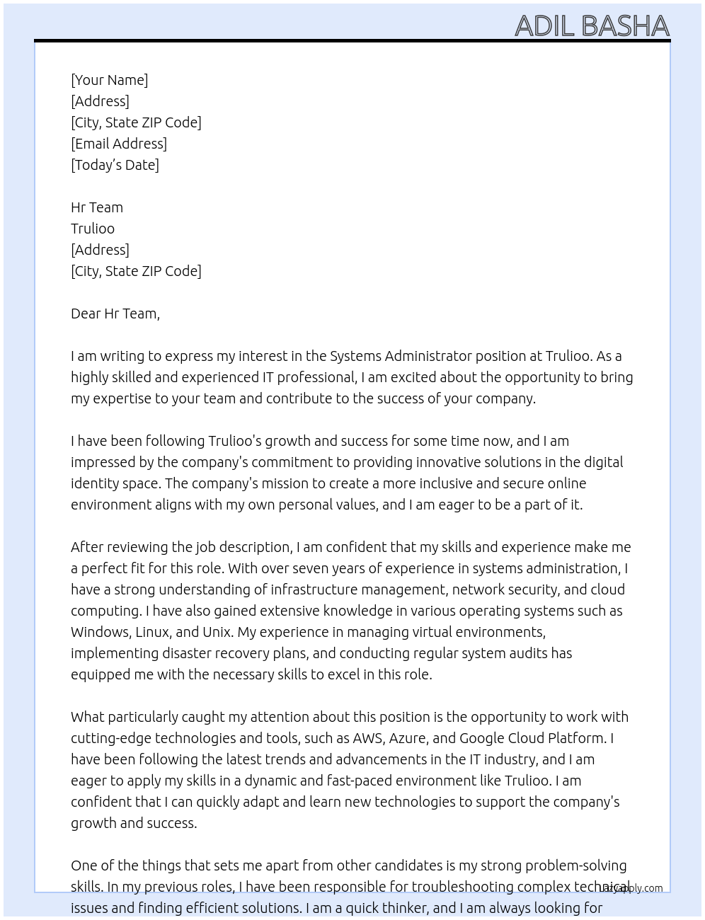 Systems Administrator At Trulioo Cover Letter