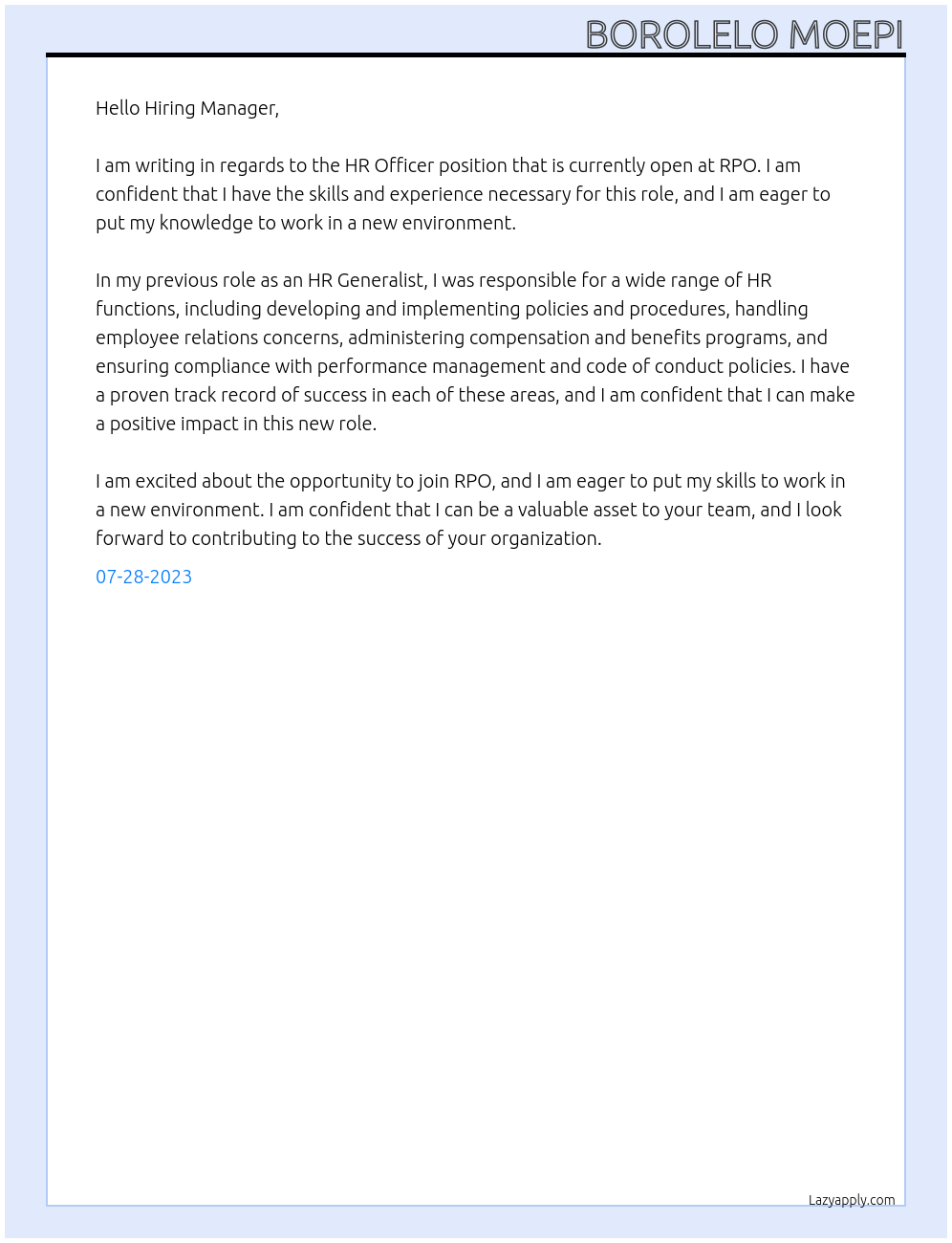 HR Officer At RPO Cover Letter